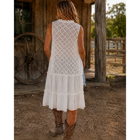 Shyanne Tops - Shyanne White Open Front Tiered Ruffled Lace Duster Vest Large Country Boho